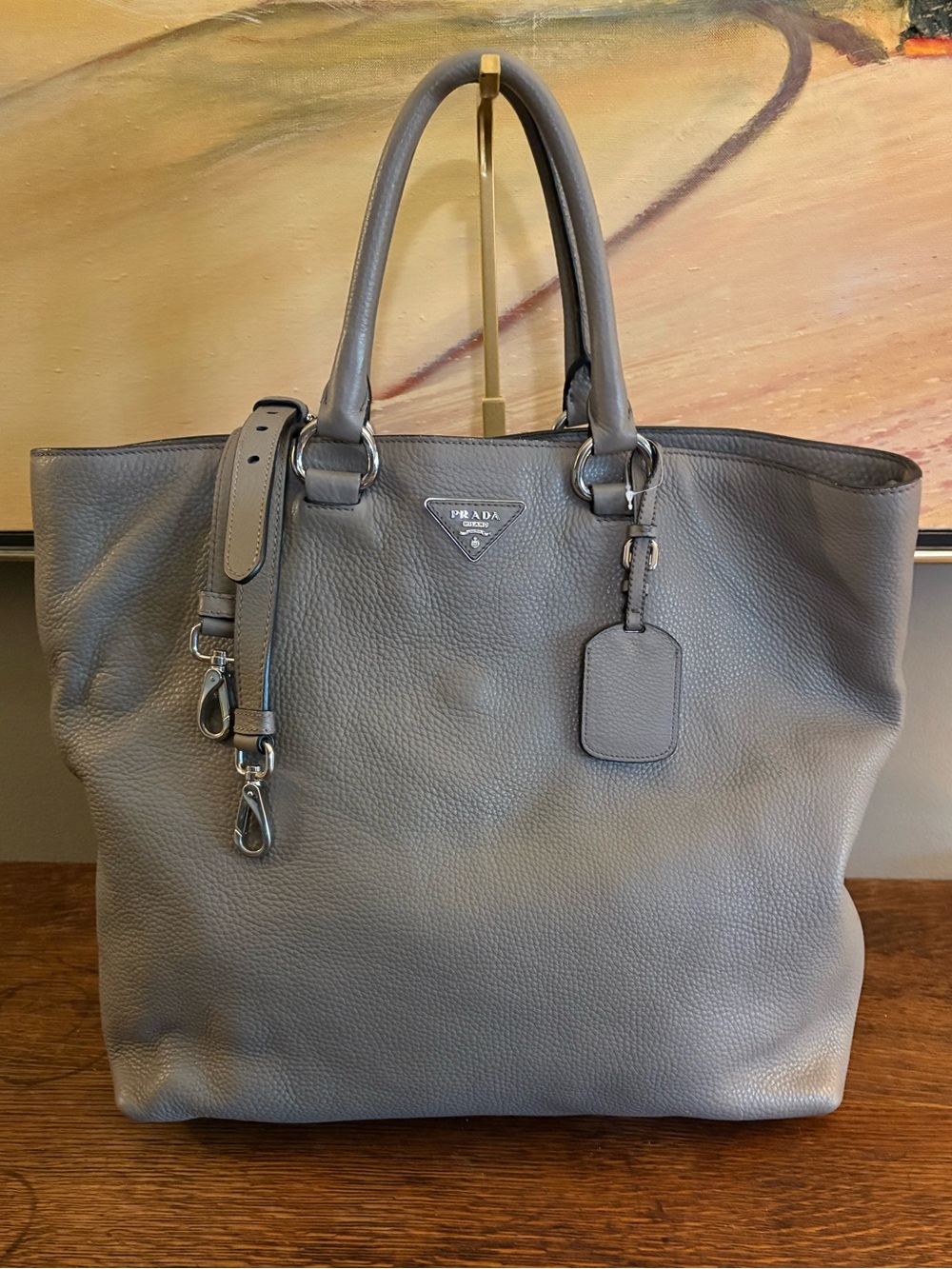 Prada Vitello Daino Sage Green Leather Large Shopping Tote Bag